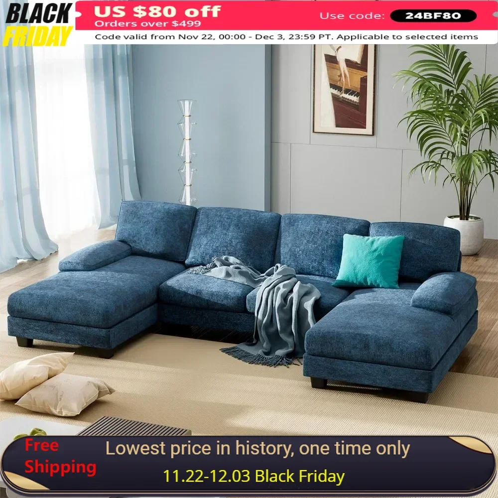 

Living Sectional Sofas Couch,Fabric Modular Sofa Sleeper Chaise Memory Foam Blue 4 Seat Sofa Set for Living Room U-Shaped