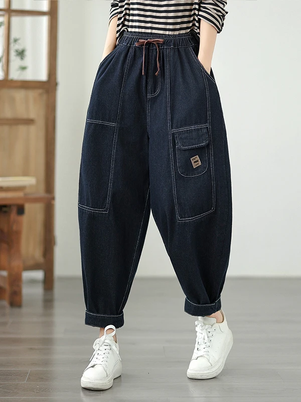 

Artistic Contrast Color Elastic Waist Belted Denim Harem Pants Casual Loose Fit Long Trousers for Women Autumn Winter Cotton