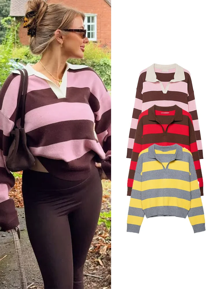 

TFMLN Autumn Winter Women Polo Collar Pullover Long Sleeve Striped Casual Knitted Tops Fashion Fit Female Fashion Knitwear