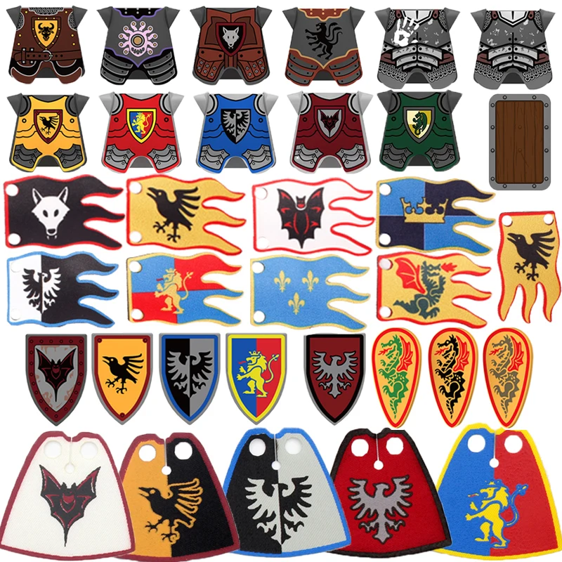 MOC Medieval Building Blocks Castle Knight Figures Flag Armor Cloak Ancient Holy Rome Soldier Accessories Bricks Toys Kids Gift