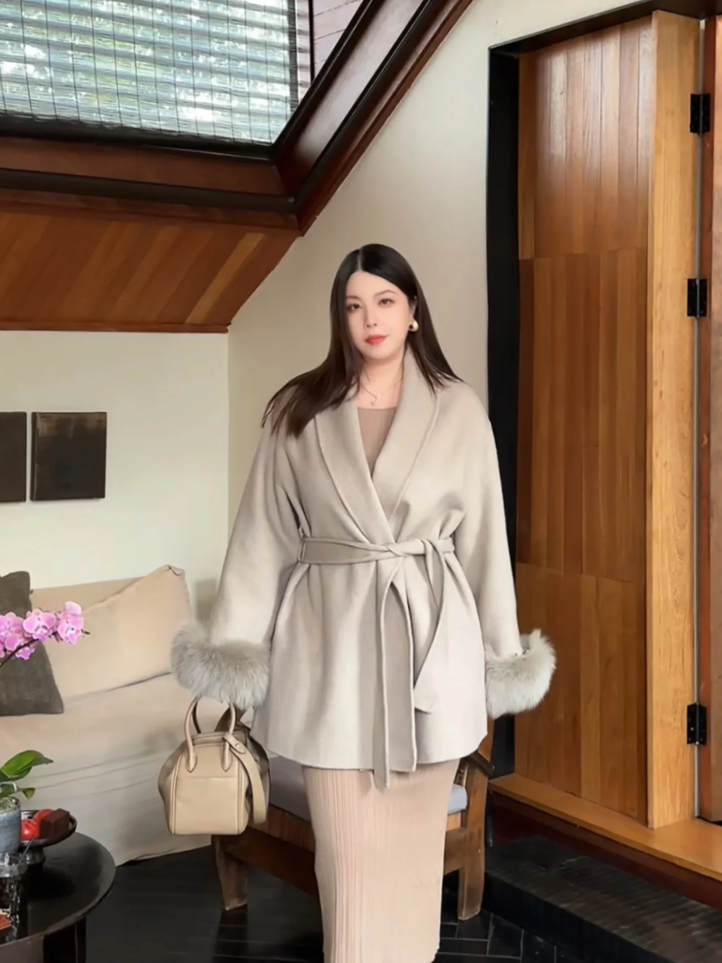 

Ele ort шерстяное пальто с меховыми краями для женщин, осень-зима, чистый цвет, Хепберн, большой размер, повседневная высокая талия