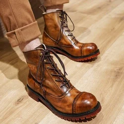 Fashion Cow Genuine Leather Motorcycle Boots Brogue Shoes Retro High Big Head Men's Mid-calf Chelsea Boots For Men Brown