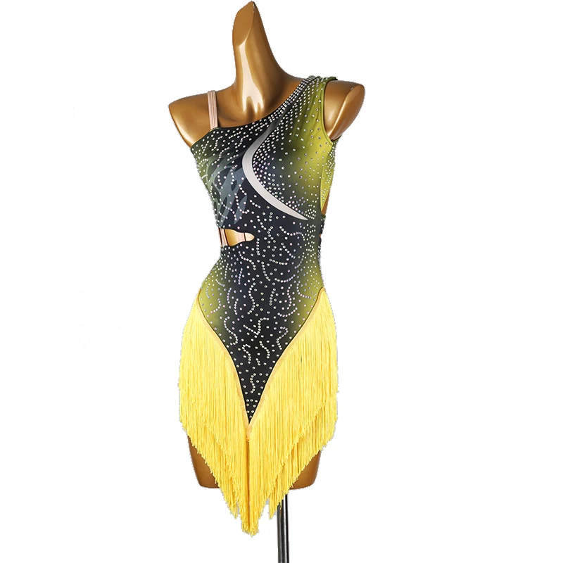 Mulheres diamante gradiente borlas vestido de dança latina vestido desempenho franja vestido chacha samba competição dança wear dql11154