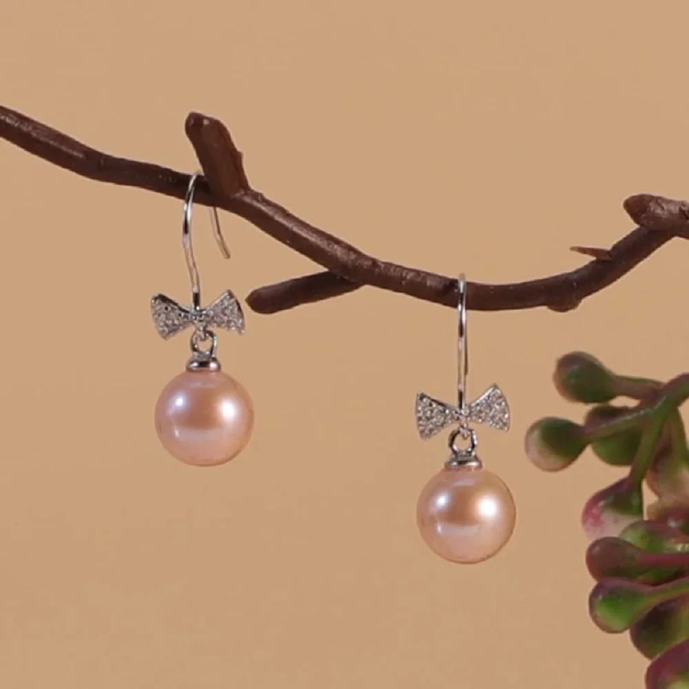 S925 Silver Bow Earhook Pearl Earhook AAAA 9-10mm Natural Pearl
