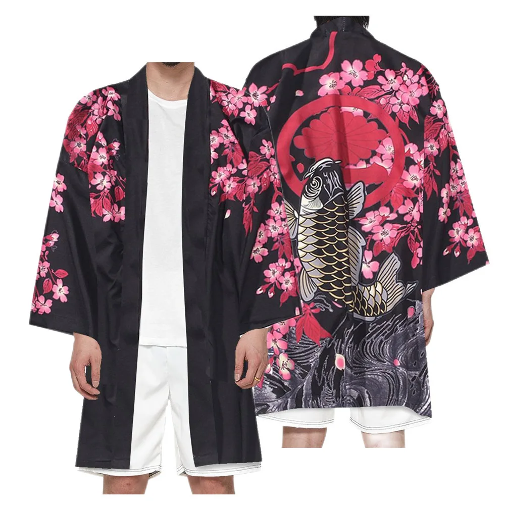 

Summer Flower Carp Print Kimono Streetwear Traditional Cardigan Long Sleeve Shirt Haori Fashion Kimono Yukata Men Women