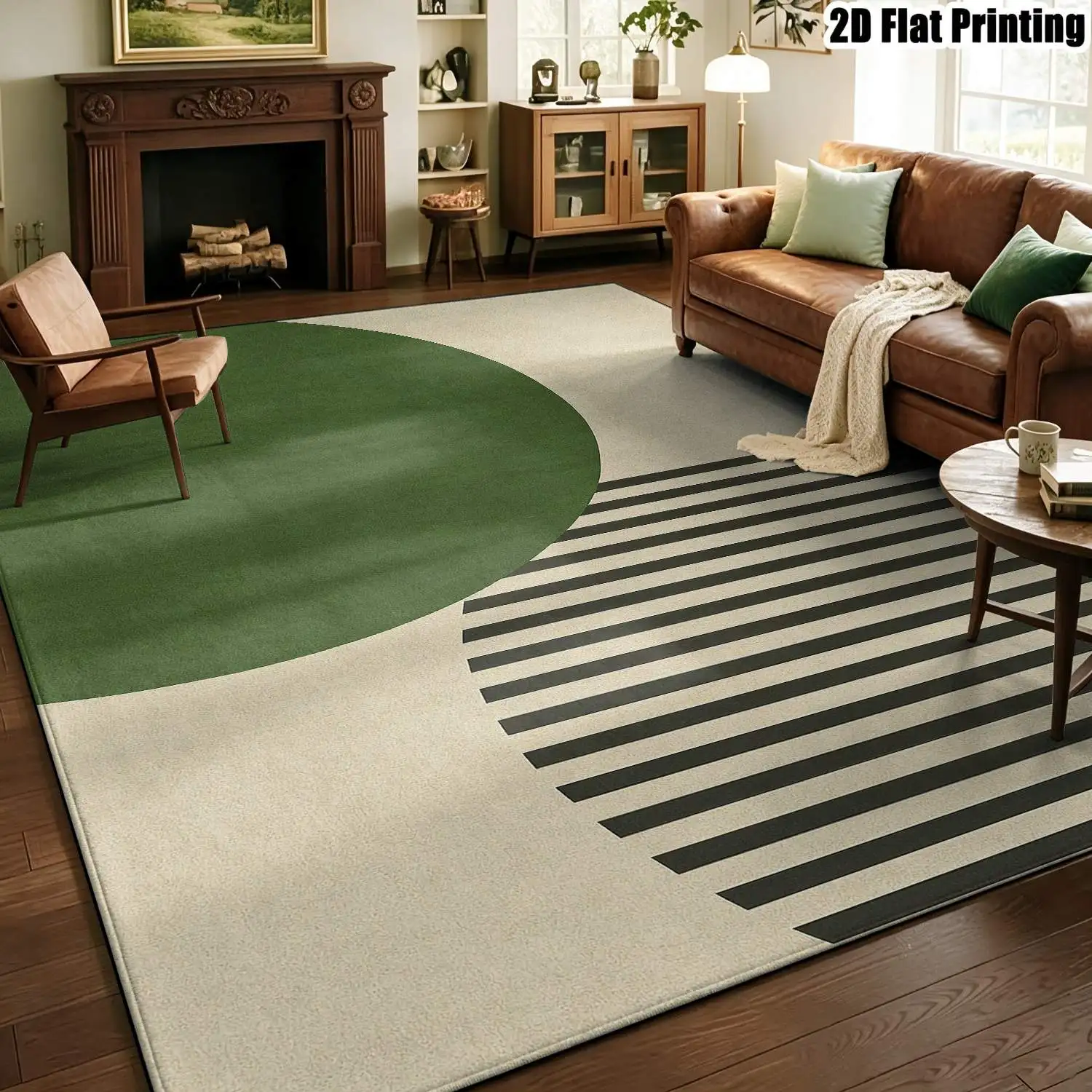 1Pc 2D Printed Green Geometric Line Nordic/Instagram Style Carpet, Modern Minimalist Abstract Art Floor Mat, Machine Washable, Multi-Size, Suitable for Home Decor, Entrance/Dining/Foyer/Bedroom/Living Room