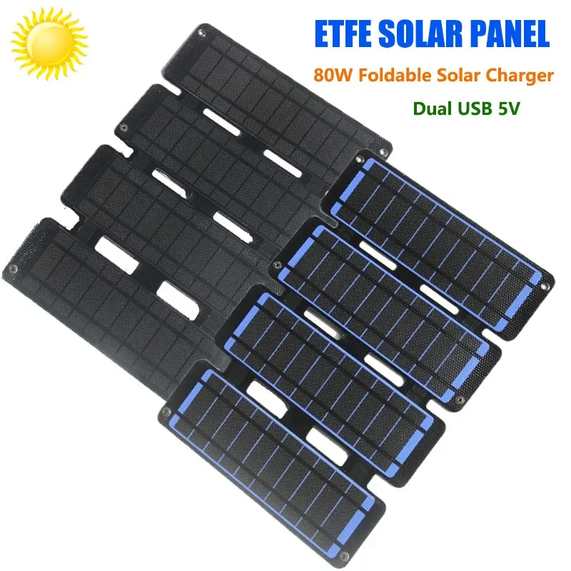 

80W ETFE Foldable Solar Panel USB 5V Solar Cell Power Bank Solar Charger Portable Outdoor Camping Waterproof Photovoltaic Pate