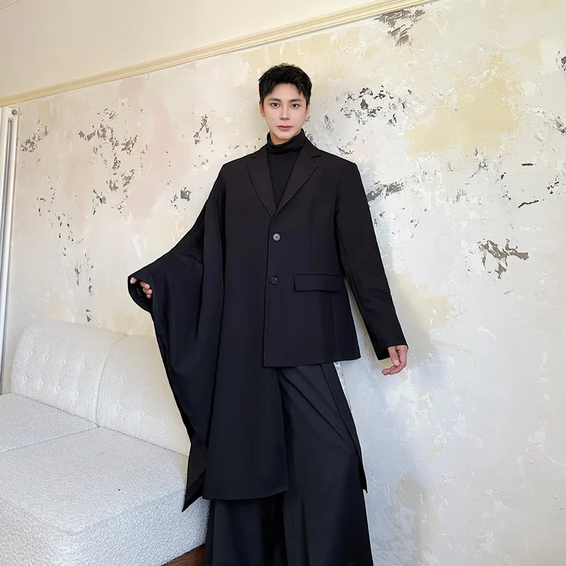 

Spring Autumn New Asymmetric Men's Suit Jaet Loose Design Sensation Casual Long Sve Pure Color Double Breasted Coat