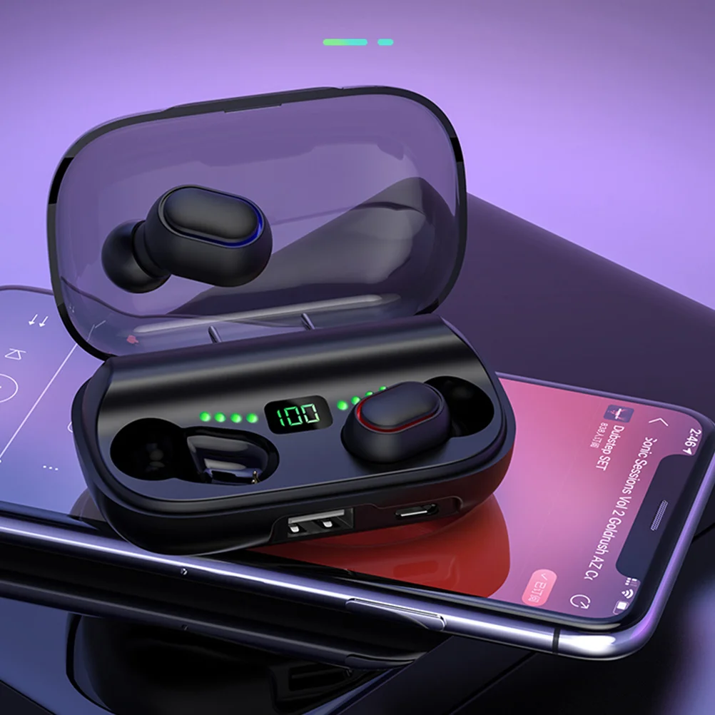 سماعات أذن لاسلكية بتصميم صغير غير مرئي وخاصية إلغاء الضوضاء وحقيبة شحن مدمجة باللون الأسود