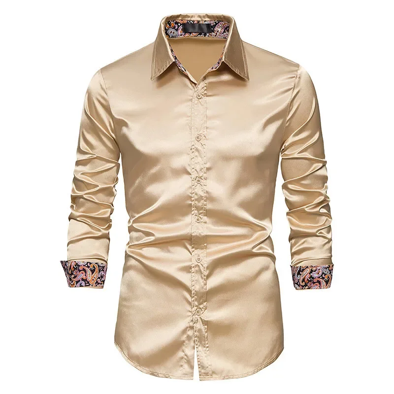 

Mens Silk Satin Button Up Shirts New Fashion Patchwork Paisley Long Sleeve Slim Fit Dress Shirt Men Party Prom Shirt Male Camisa