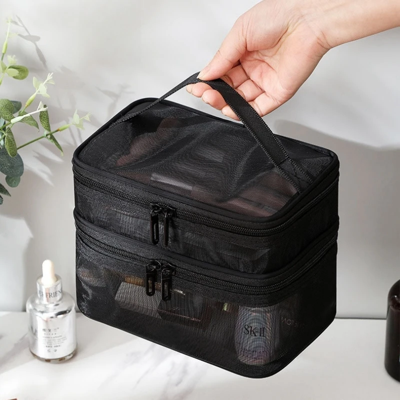 Bolsa de armazenamento de maquiagem em malha para viagem, organizador de cosméticos e cuidados com a pele, recipiente de plástico, bolsa para mulheres e homens