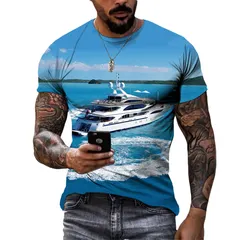 New Yacht Sailboat Pattern 3d Print Summer Men's T-shirt Personality Seascape Cool Quick Dry Short Sleeve Fashionable O-neck Top