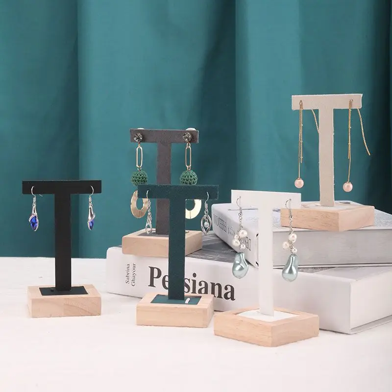 

Fashion T Shaped Earrings Display Stand Ear Stud Pendant Earring Storage Rack With Wooden Base Desktop Counter Jewelry Organizer