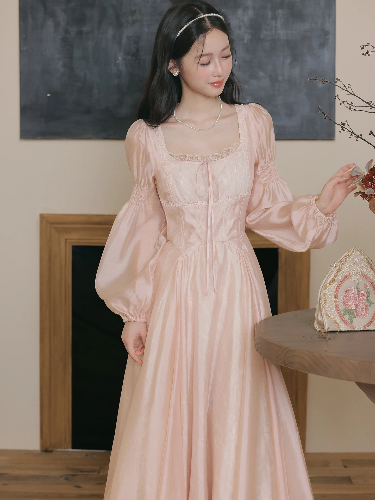 Artistiek Princ Sle Lang Sve Kant Dr Taille Cinched Fairy T Beau Courtly Wind Hoge taille A-lijn Midi Dr