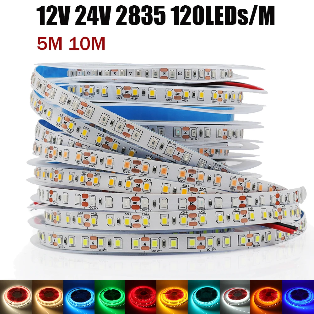 

5M 10M Светодиодная лента 12V 24V 2835 120LEDs Высокая яркость Гибкая светодиодная лента Веревка Свет Белый Теплый Натуральный Розовый Ледяной Желтый