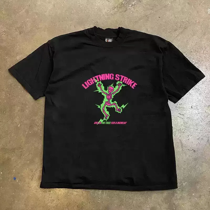 Unisex Y2K Neon Skeleton Graphic T‑Shirt Men Women Punk Lightning Retro Art Print Tee 100% Cotton Loose Dark Streetwear Short Sleeve T Shirt.