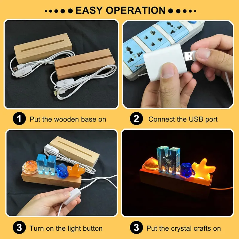 1-2 قطعة LED ضوء الخشب عرض مستطيلة كريستال خشبية مضاءة قاعدة حامل أضواء الاكريليك لوحة قاعدة USB للديكور الفني الراتنج