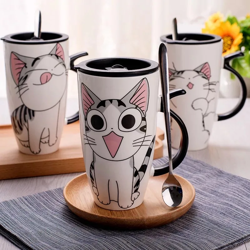 Drinkware 600ml Creative Cat Ceramic Mug With Lid Spoon Beer Cup of Coffee Original and Funny Cups to Give Away Couple Gift Mugs