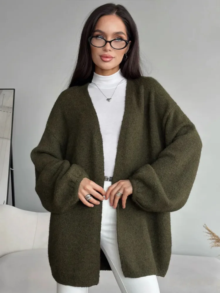

Autumn Winter Women Loose Knitted Cardigan Top Solid Color Lantern Sleeve Cardigan Sweater 2026 Soft Warm Knitted Outerwear