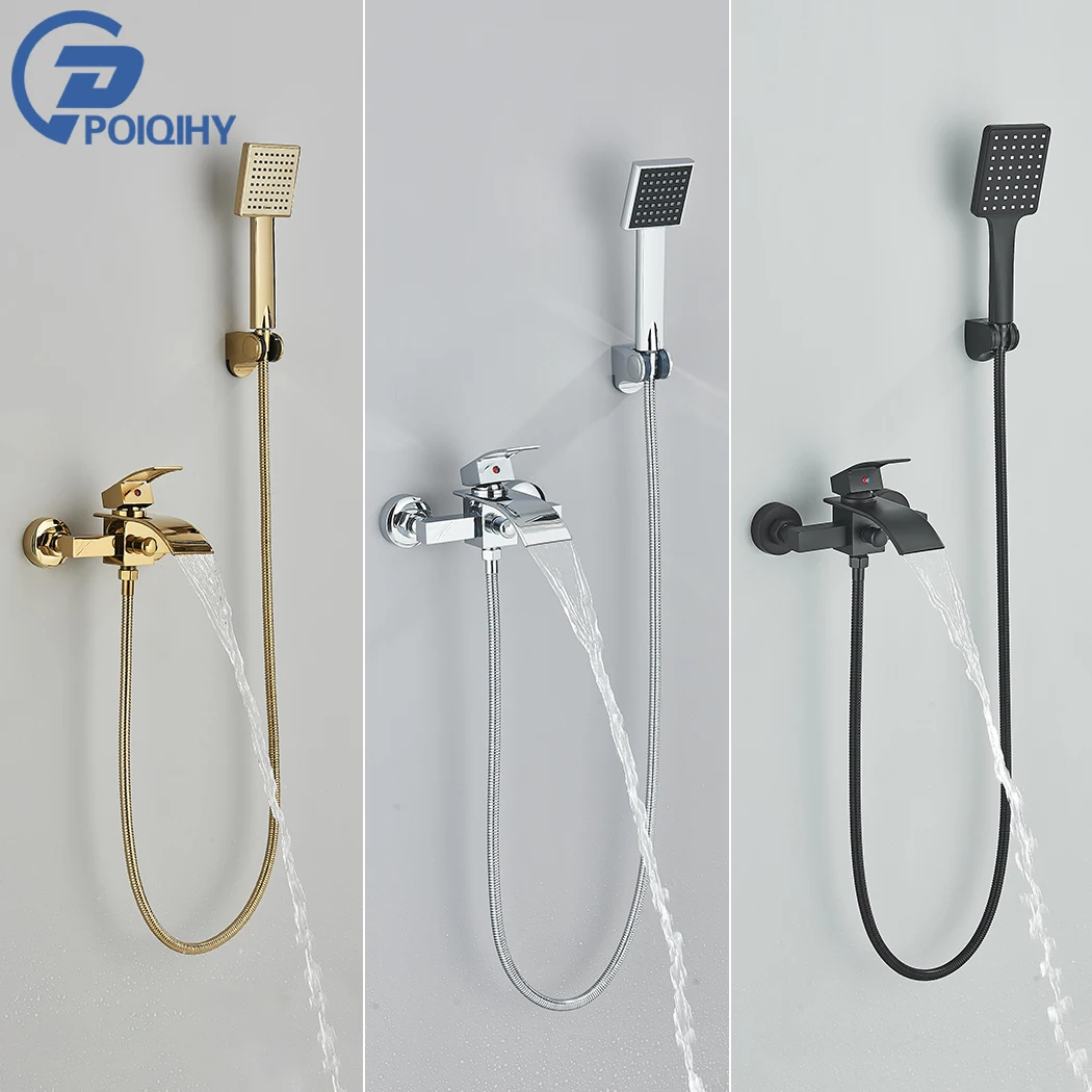 

Black Golden Bathtub Faucet Wall Waterfall Spout Bathroom Tub Mixer Tap Single Handle Plastic Handshower Shower System