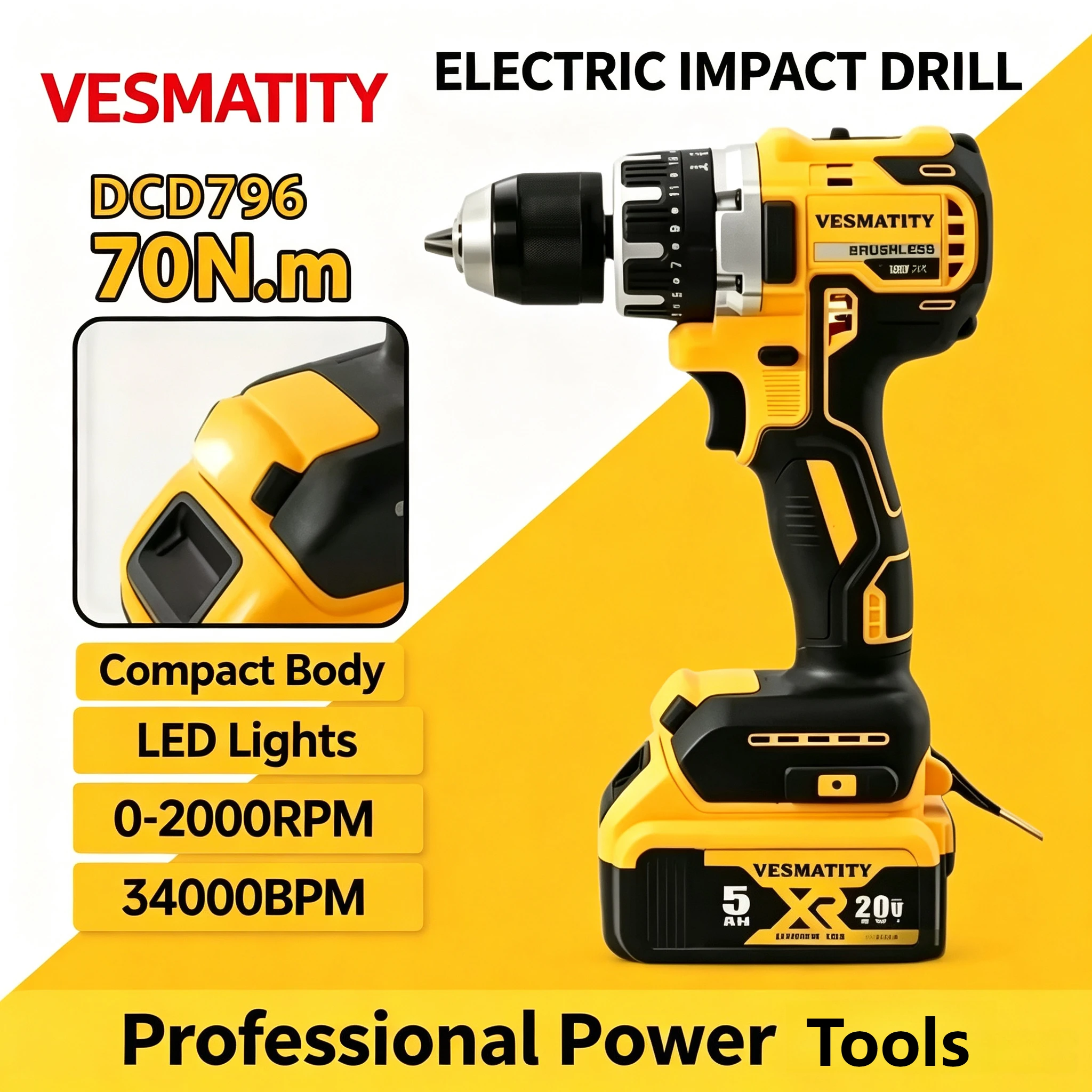 Brushless DCD796 Impact Electric Drill Multifunctional Cordless Screwdriver Rechargeable For 18V-20V Battery Power Tools