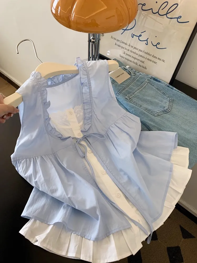 

Korean Design Sense Sleeveless Women's Shirt Summer New Knot Tie Waist Slimming Top Commute Style Loose Fit Single ...