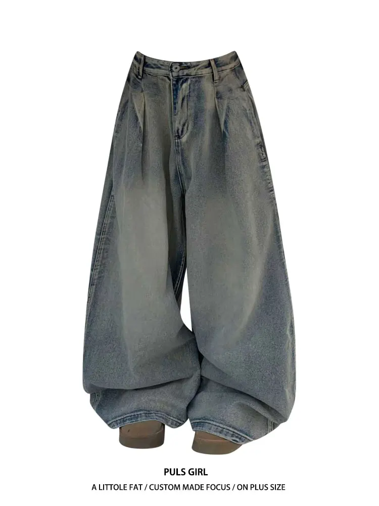 

Ретро-джинсы в американском стиле с эффектом потертости, широкие, прямого кроя, женские, свободные, струящиеся, повседневные, с высокой талией, больших размеров