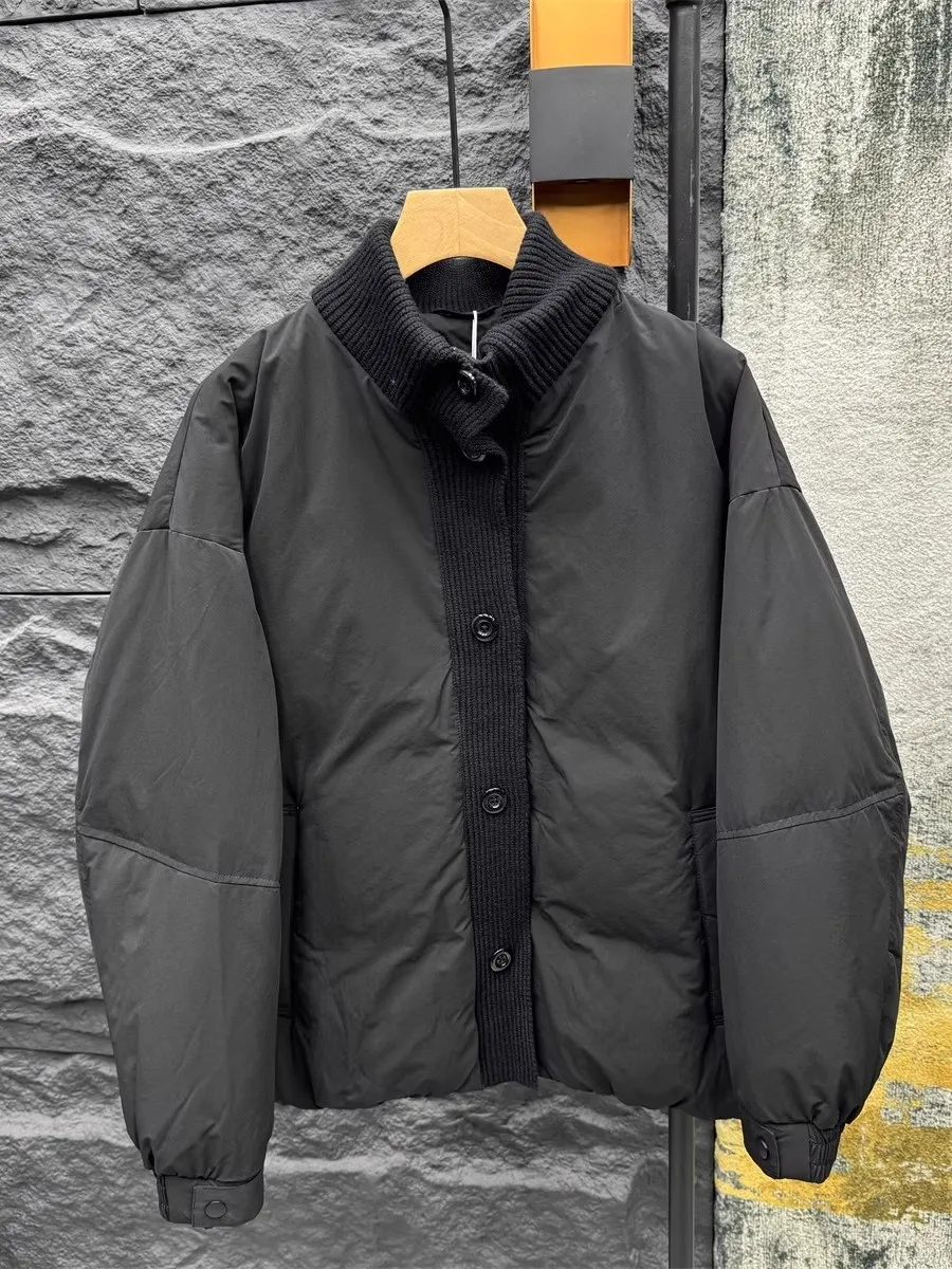 

Thickened Knitted Patchwork Color Block Stand Collar Men's down Jacket Winter Warm Casual Loose Top Bread Style Polyester Fiber