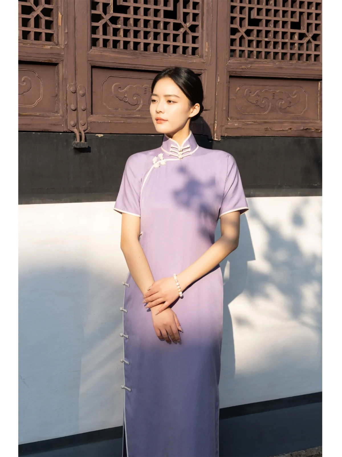 

Футболка Ele Pure Color Light Purple Silk T с асимметричным узором, рукавом до локтя, повседневная, летняя, модная, в китайском стиле
