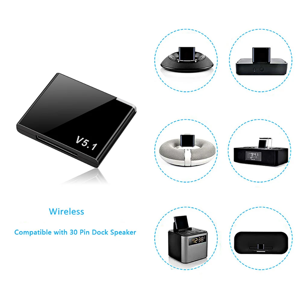 30 Pin Bluetooth 5.1 Audio Receiver A2DP Music Mini Wireless Adapter For IPhone IPod 30 Pin Jack Analog Speaker