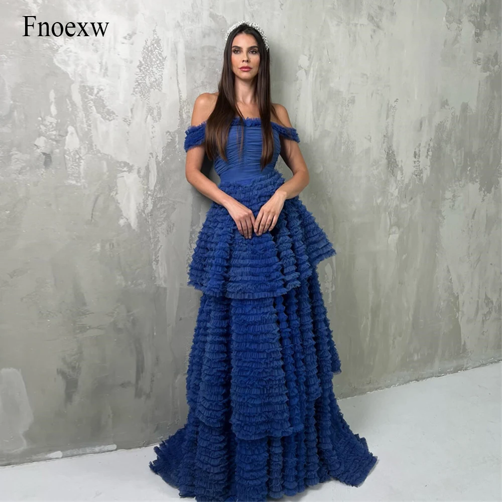 Fnoexw Royal Blue Prom Dresses Vestidos De Gala Strapless Robes De Soirée Skirt Tiered Ruched Tulle Arabia Dubai Party Dresses