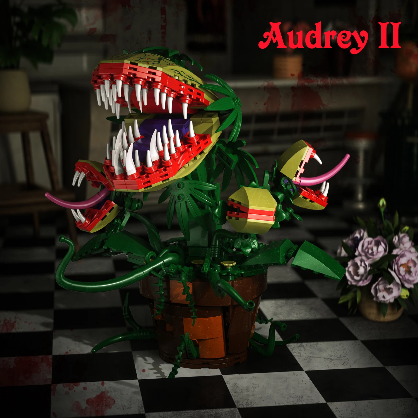 Audrey II Piranha พืชดอกไม้บล็อกอาคาร 4 เปิดปาก, horrors Shop Cannibal อิฐของเล่นของขวัญฮาโลวีนสําหรับเด็ก