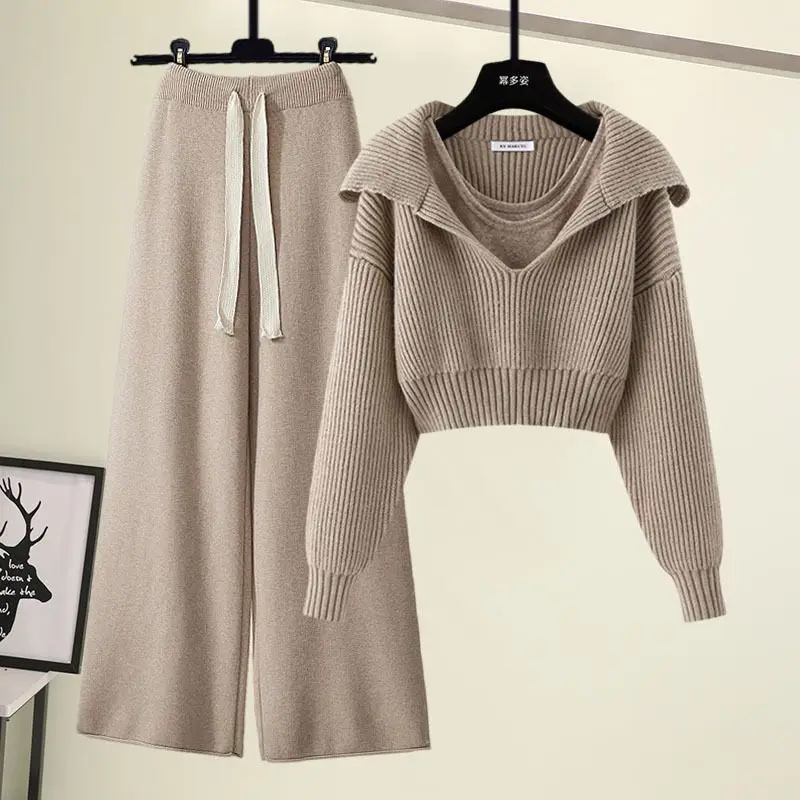 Women Winter Autumn Y2K Suit Vest Sweater Crop Tops And Wide Leg Pant Three Piece Set Outfit Knitted Outwear Korean Clothing