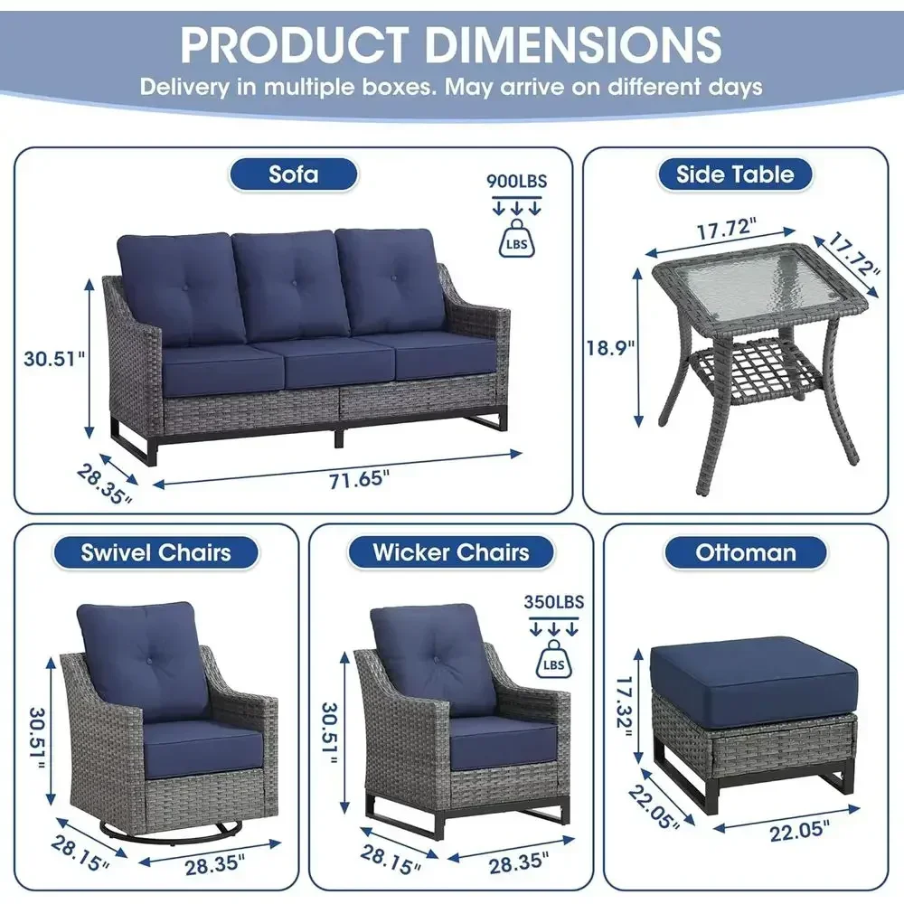 5-Piece Grey Wicker Patio Furniture Set with Swivel Rocking Chairs, Sofa, Ottomans, and Thick Cushions