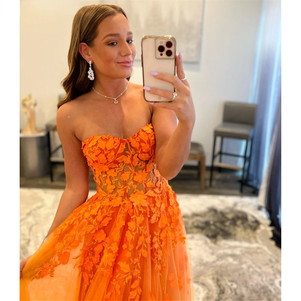 Orange Lace Appliques robes de soirée Prom Dresses Long Sweetheart A Line Tulle Formal Evening Gowns Women Party Dress