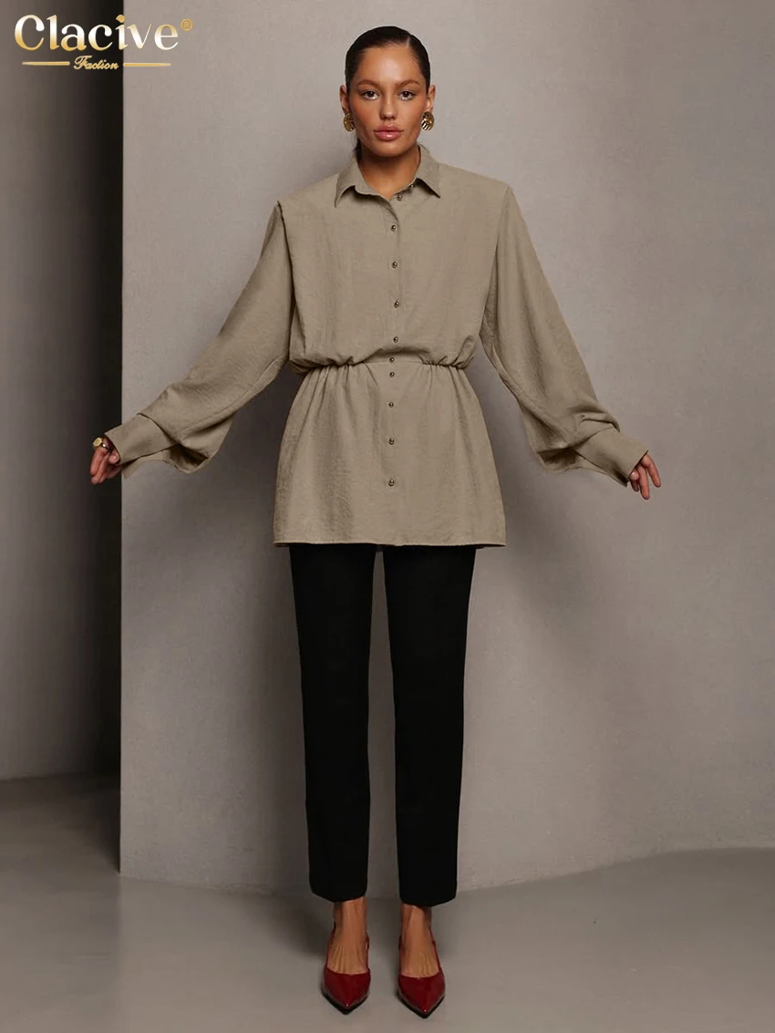 Clacive Fashion Loose Khaki Office Women's Blouse 2025 Casual Lapel Long Sleeve Shirt Elegant Classic Solid Tops Female Clothing