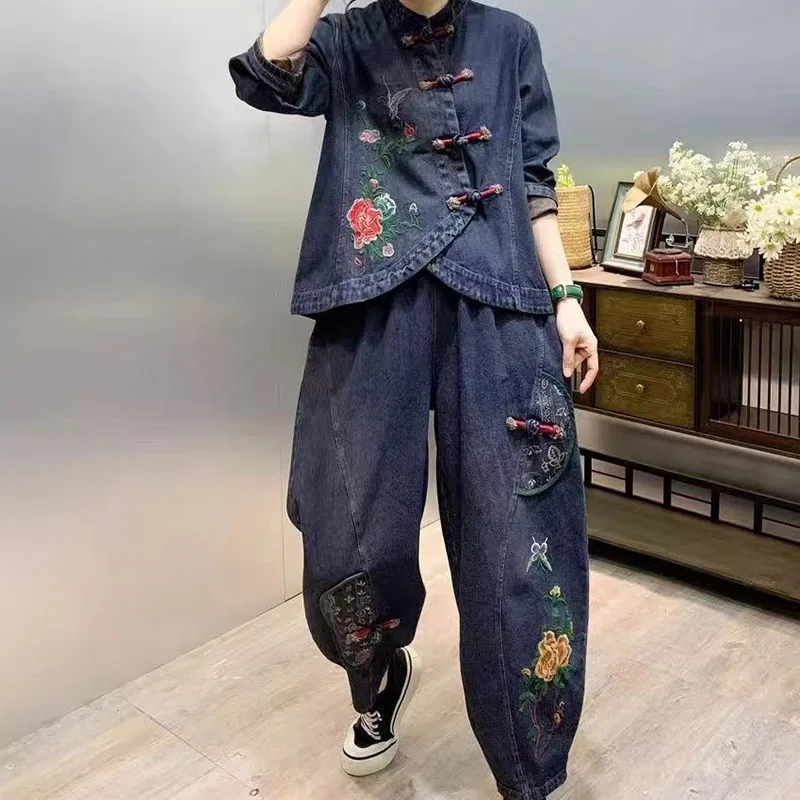 Women Jeans Two Piece Set 2024 Spring Autumn New Female Vintage Buckle Embroidery Denim Suit Women Large size Pants 2 Piece Set