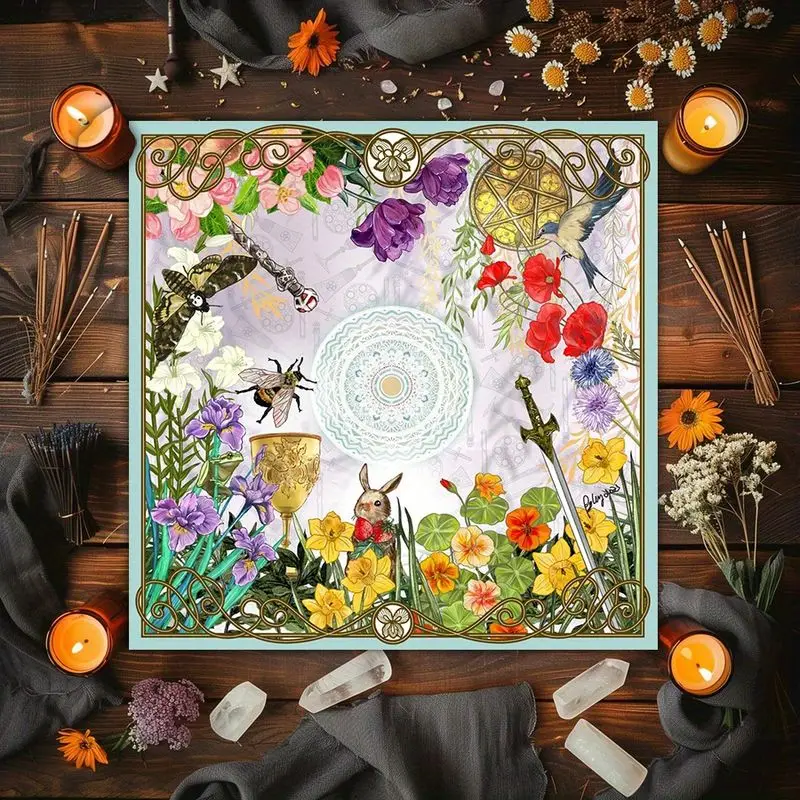 VIKAMA Retro Flower Realm Tarot Four Element Tablecloth Mysterious Divination Altar Cloth Ritual Table Mat Background Cloth