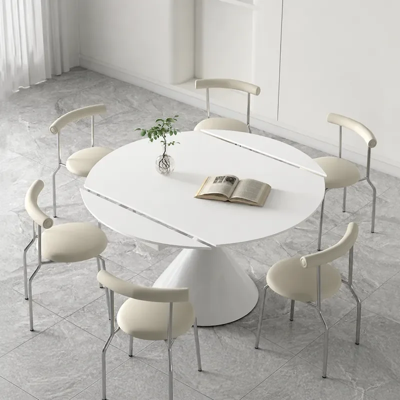 Retractable Dining Table Small Apartment Variable Round Table Modern Minimalist Pure White Cream Rock Board Dining Table