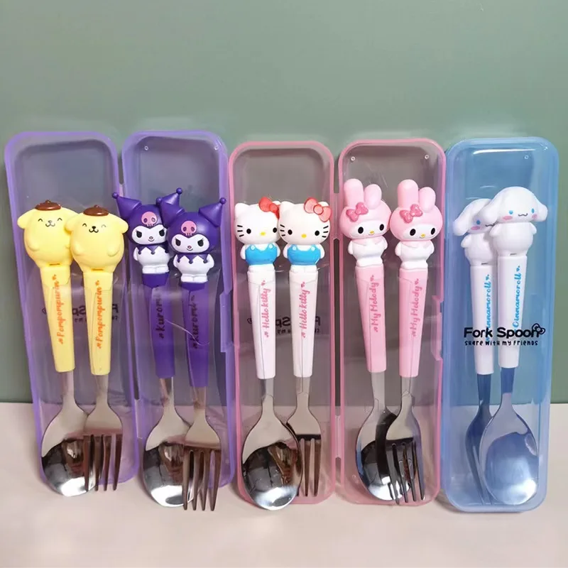 Kuromi Löffel Gabel 2 Stück Set niedlichen Sanrio Pompo mpurin Hallo Kitty meine Melodie Edelstahl Kinder geschirr Küchen bedarf