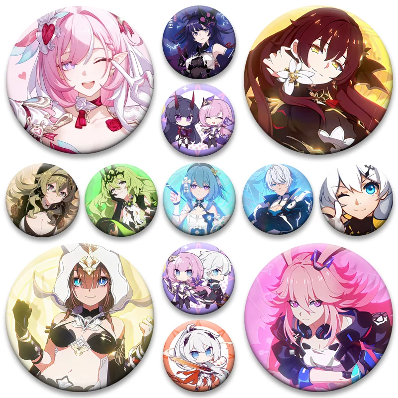 Round Cartoon Button Pins Honkai Impact 3 Anime Brooches Honkai,Sakura,Yae Sakura,Griseo,Mobius,Raiden Mei,Kiana Kaslana Badge