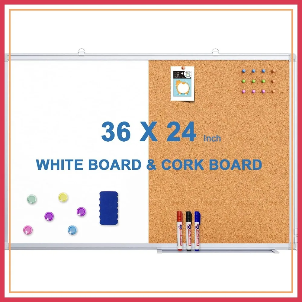 

36x24 Magnetic Whiteboard & Cork Board Combo, Wall Mounted Dry Erase Bulletin Board for Home, School Office