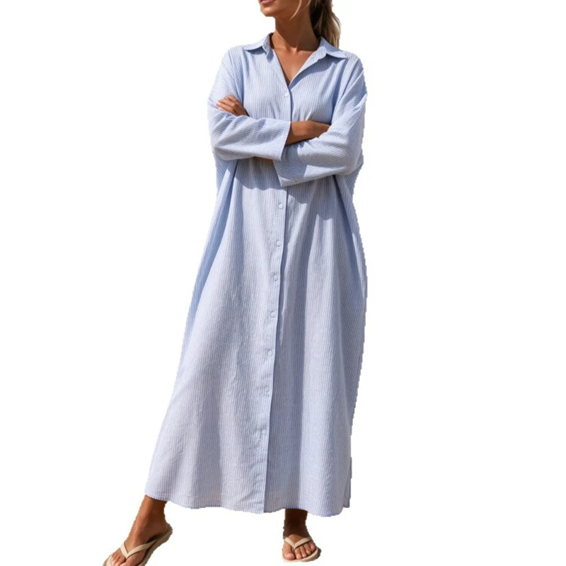 Spring new plus size ladies cotton and linen striped cardigan loose temperament commuter irregular dress