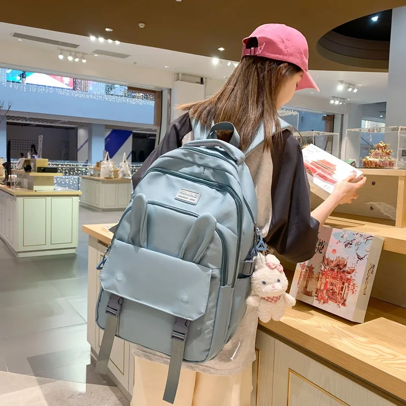 Cute Rabbit Ear Backpack for Teen Girls School Backpack Female Large Capacity Kawaii School Daypack Nylon Casual Student Bookbag