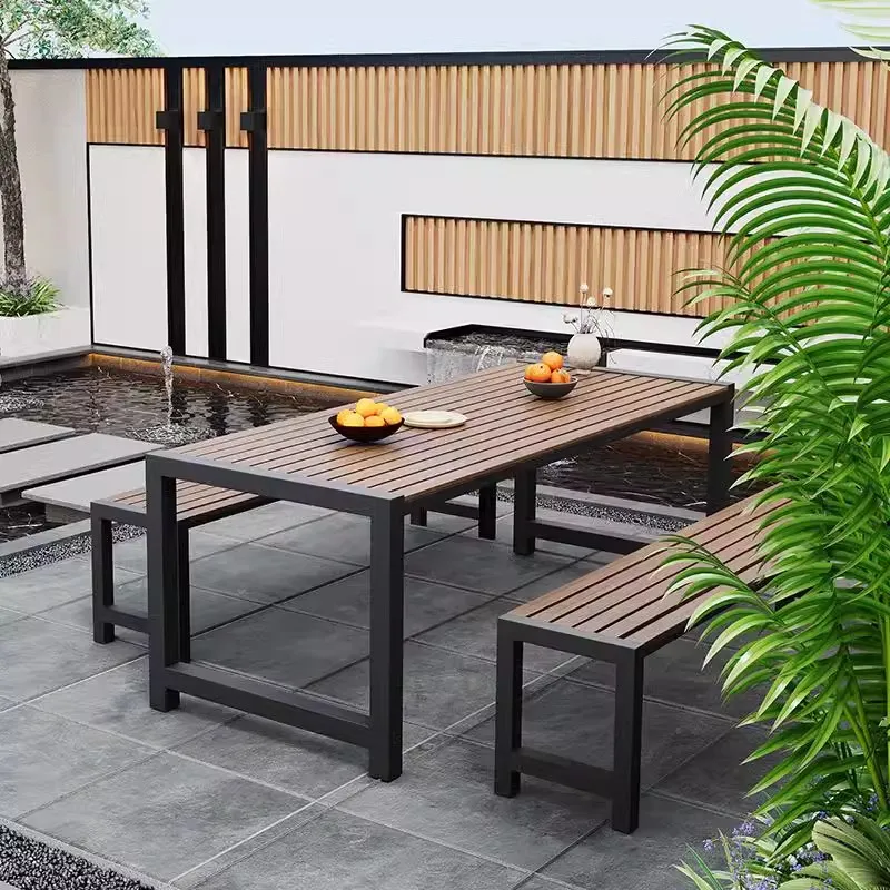 Outdoor table and chair courtyard leisure outdoor balcony garden plastic wood tea table terrace park sun protection long table