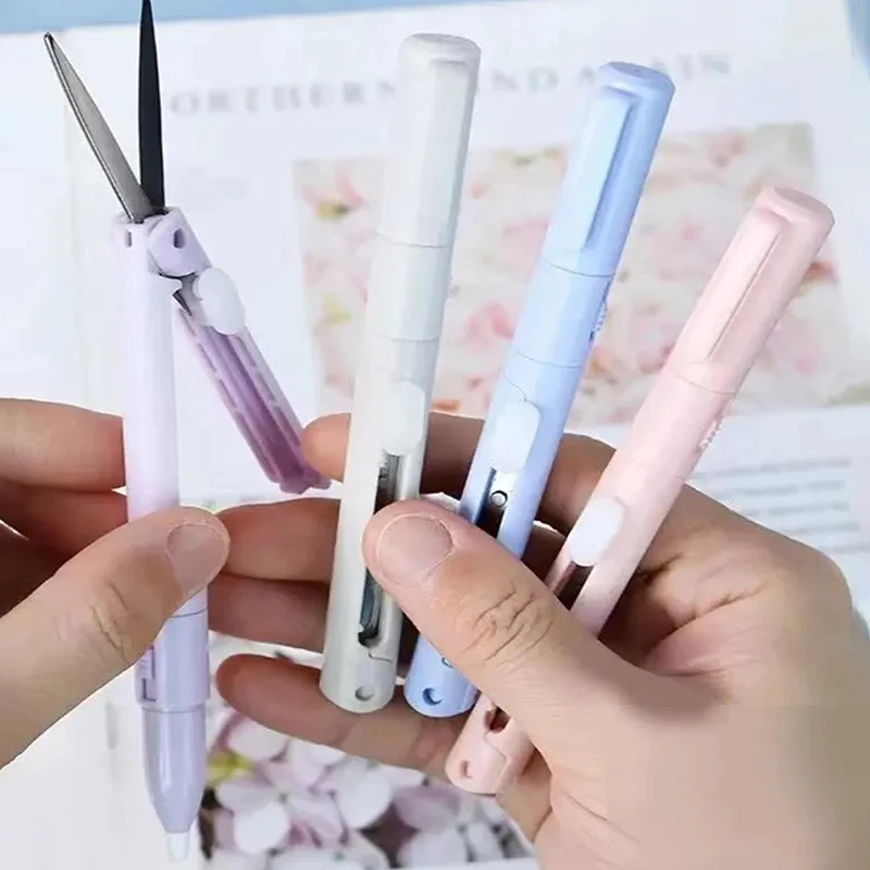 1pc Mini Portable Scissors Paper Cutter Knife 2 In 1 Multifunctional Pocket Pen Shape Scrapbooking Carving Cutting Art Tools