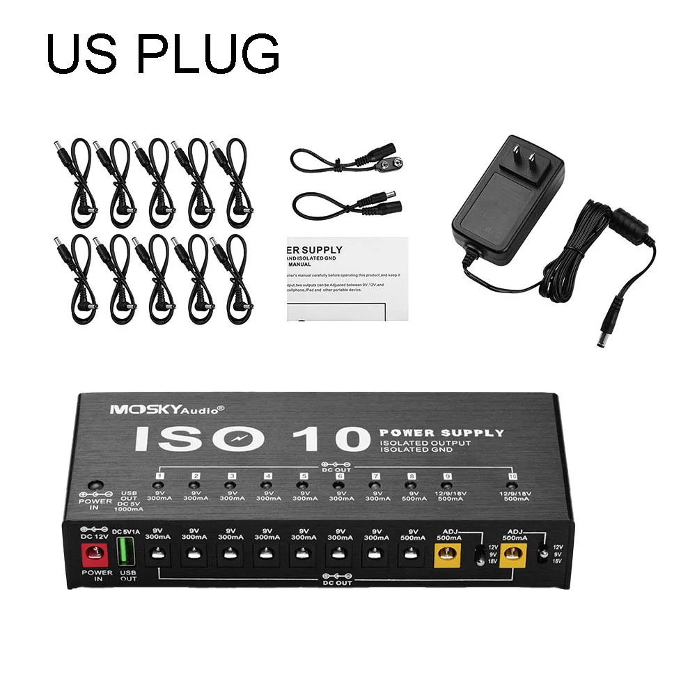 For Guitar Effect Power Supply 10 Isolated DC Output DC Power Cables For 9V 12V 18V ISO-10 MOSKY One 5V USB Output New