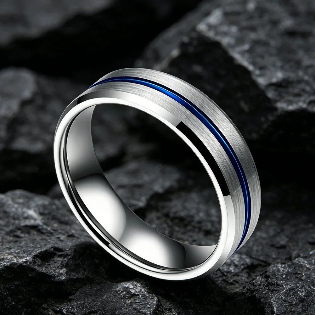 Blauer 4-mm-Ehering aus Wolfram für Männer und Frauen, modische Ringe mit abgeschrägten Kanten, gebürstete Oberfläche, bequeme Passform – Detail 8