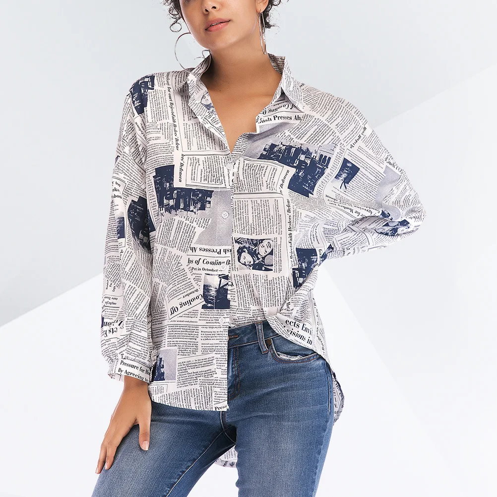 

Women Fashion Newspaper Print Shirt Single-Breasted Lapel Long Sleeve Blue Size M for Spring Summer Casual Work Party