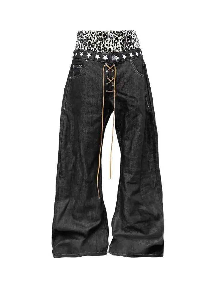 American Vintage Full Length Wide Legs Jeans Patchwork Leopard Double Mid Waist Pants Distressed Subculture Drawstring 2025